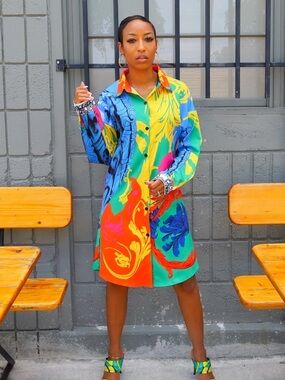 COLORFUL VIBRANT BAROQUE/FLORAL PRINT LONG SLEEVE BUTTON DOWN SHIRT DRESS SZ L